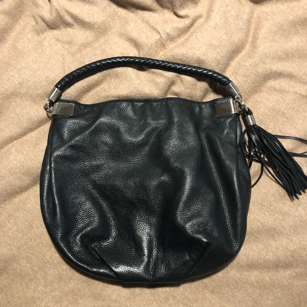 Halogen black leather shoulder bag with tassel